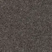 Looped pile fabric in gray-brown with a heathered texture, displaying tight, short loops and a consistent, dense surface; label visible.